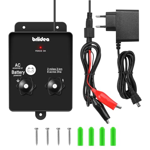 HEFC-04DE 230V Weidezaungerät, Briidea 2-Meile 8 Acres 2-in-1 Elektrischer Zaunladegerät betrieben von Batterie oder Netzadapter, 3 Joule, Schützen Sie Ihr Vieh, Gartenweide vor Wildtieren von briidea