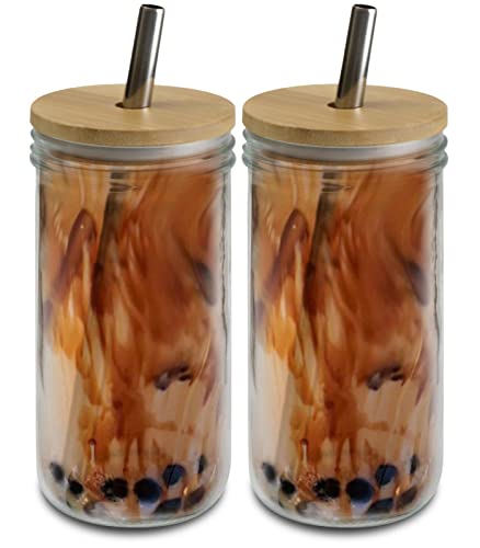 Brimley 20 oz wiederverwendbare Glasbecher, Smoothie-Becher, Boba Bubble Tea-Gläser, Weithals-Einmachgläser mit Holzdeckeln und Edelstahlstrohhalmen (2er-Pack – Bambusdeckel) von brimley