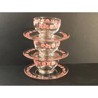Vintage, Dominion Glas Sorbet Teller Mit Unterteller, Pink Floral Trimmen, Sorbet, Eis Teller, Set Von 6 Stück von brocantechezaicha
