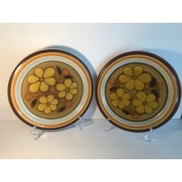 Vintage, Karina Stoneware Japan, Daisydale-Muster, Set Von 2 Esstellern, 10, 5 Zoll, Senfgelbe Blumen, Retro-Küche 1970Er Jahre von brocantechezaicha