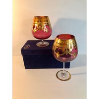 Vintage Cristal 3A Linea Deg Sammler Set Von 2 Gläsern Rotwein Und Cognac Glas Burgund Gold Dekoration 22 Kt von brocantechezaicha