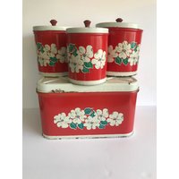 Vintage Set Von 4 Stück, Retro Metall Brotkasten Und Kanister/Weiße Blumen, National Can, Corp - New York, 1950Er Jahre von brocantechezaicha