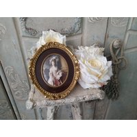 Antik Bild Miniatur Aus Frankreich Mrs. Graham Porträt in Blau Weiß Sepia Holzrahmen Vergoldet Vintage Thomas Gainsborough Brocante von brocantemonamour