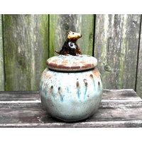 Handgemachte Blaue Keramik Deckeldose Mit Skulptiertem Hundeknopf, 12 cm Höhe, Auf Töpferscheibe Geworfen, Wohndekor-Keramik, Kreative von brooklynglobal