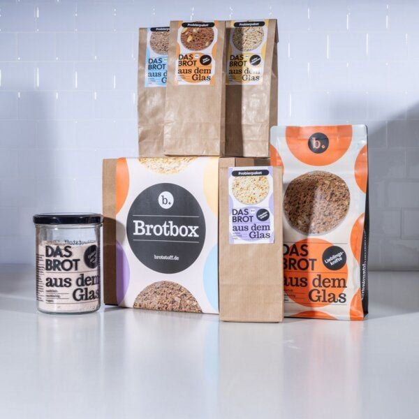 brotstoff Geschenkset - Box mit Brotbackmischung im Glas + Nachfüllpaket + 4 x Probierpaketen brotstoff Geschenkset - Box mit Brotbackmischung im Glas + Nachfüllpaket + 4 x Probierpaketen von brotstoff