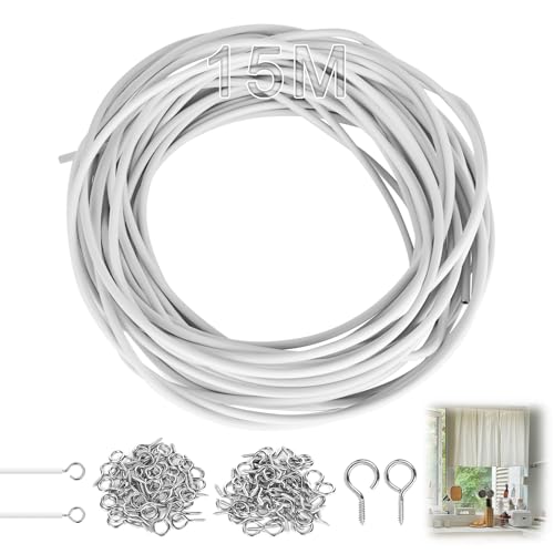 15m Gardinenseil Gardinendraht Vorhang Seil Vorhangdraht Vorhangseil Kunststoffbeschichteter Vorhang Seilspannsystem mit 50 Paar Haken Schraubenösen für Netzvorhang Vorhänge Duschvorhänge DIY von bssmmai