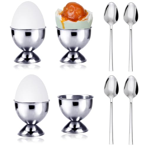 Eierbecher aus Edelstahl für weich gekochte Eier, 8er Set mit 4 Eierbechern und 4 Eierlöffeln, Eierhalter Tablett, Eierstnder für Jeden Frühstückstisch Hart und Weichgekochten Eiern, Küchewerkzeug von bssmmai