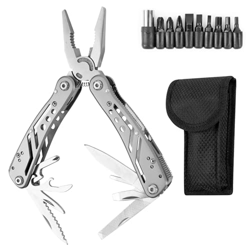 Multitool Werkzeug, 25 in 1 Faltbares Edelstahl Multifunktionale Zange, Multiwekzeug, perfektes Camping Zubehör Flaschenöffner und Karabiner, mit 11 Schraubendreher Bits und Gurtcliptasche von bssmmai