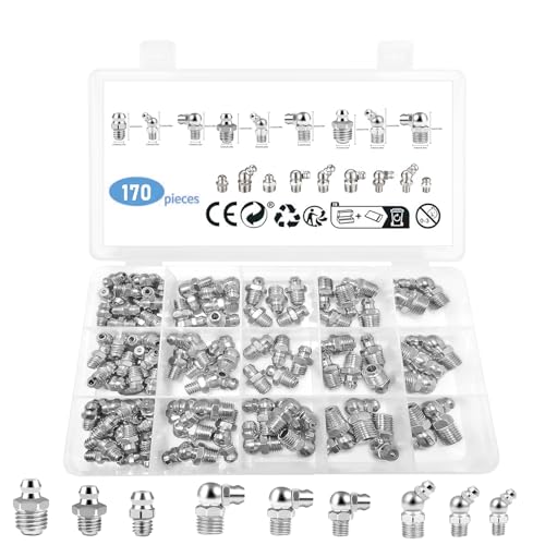 bssmmai 170 Stück Schmiernippel Sortiment M6 M8 M10 Kit Gerade Abgewinkelt 45 ° 90 °, Kegelschmiernippel für Schmierpressen, Abschmiernippel Vernickeltes Eisen Kegelnippel set mit Aufbewahrungsbox von bssmmai