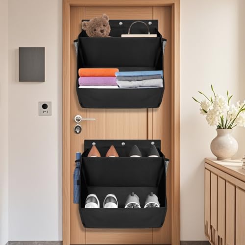 bssmmai 2 Stück Camping Schuhe Aufbewahrung, Schuhhalter Wohnmobil mit Klebeband, Wohnmobil Camper Zubehör, Tür Schuhregal Organizer Hängend mit 2 Tiefen Taschen, Schwarz von bssmmai