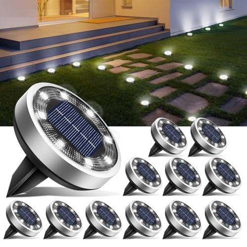 btfarm 12 Stück Solar Bodenleuchten Aussen, 8 LED Gartenbeleuchtung Solar IP65 Wasserdicht Boden Solarleuchten, Solarlampen für Außen Garten Rasen Auffahrt Gehweg Patio, Kaltes Weiß von btfarm
