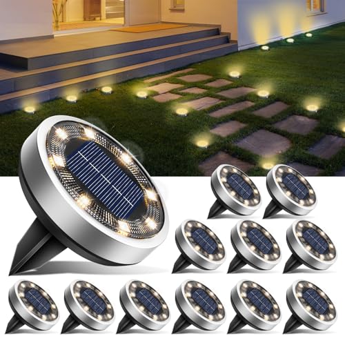 btfarm 12 Stück Solar Bodenleuchten Aussen, 8 LED Gartenbeleuchtung Solar IP65 Wasserdicht Boden Solarleuchten, Solarlampen für Außen Garten Rasen Auffahrt Gehweg Patio, Warmes Weiß von btfarm