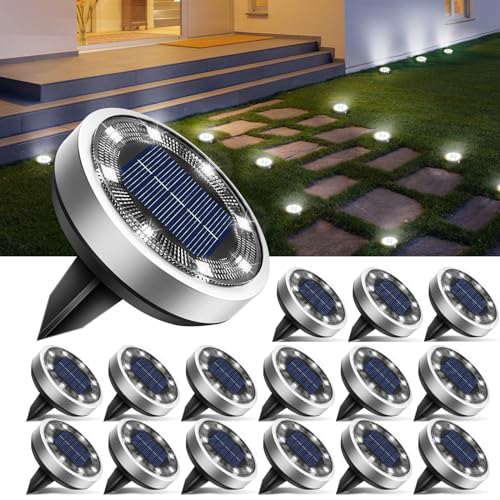 btfarm 16 Stück Solar Bodenleuchten Aussen, 8 LED Gartenbeleuchtung Solar IP65 Wasserdicht Boden Solarleuchten, Solarlampen für Außen Garten Rasen Auffahrt Gehweg Patio, Kaltes Weiß von btfarm