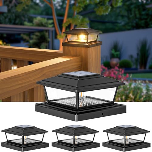 btfarm 4 Stück Pfostenleuchte Solar, 2 Modi LED Pfostenkappe Solar IP65 Wasserfest Pfostenlichter für den Außenbereich, Solarlampen für Außen Garten Terrasse Zaun 4x4 5x5 6x6 Zoll Hölzerne Pfäle von btfarm