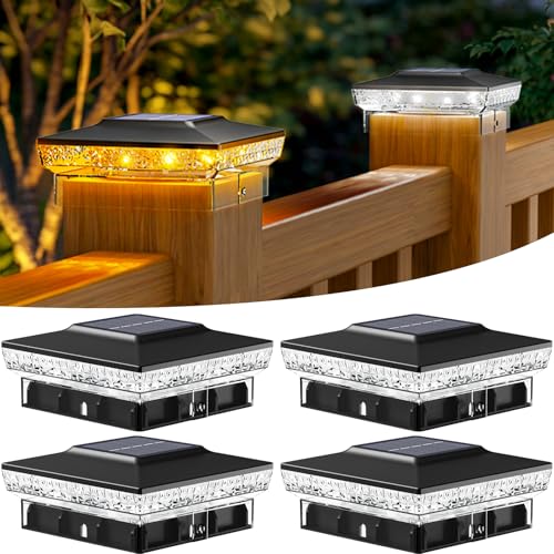 btfarm 4 Stück Pfostenleuchte Solar, 2 Modi LED Pfostenkappe Solar IP65 Wasserfest Pfostenlichter, Solarlampen für Außen Garten Terrasse Zaun 3.5x3.5 4x4 Zoll Hölzerne Pfäle, Warmweiß + Kaltweiß von btfarm