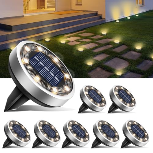 btfarm 8 Stück Solar Bodenleuchten Aussen, 8 LED Gartenbeleuchtung Solar Wasserdicht Boden Solarleuchten, Solarlampen für Außen Garten Rasen Auffahrt Gehweg Patio, Warmes Weiß von btfarm
