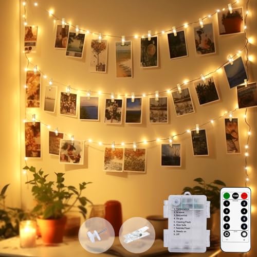 btfarm Foto Lichterkette mit Klammern Fernbedienung, 5M 50LED Fotoclips Bilder Aufhängen 8Modi Wasserdicht Timer Batteriebetrieben Fotolichterkette für Zimmer Wohnzimmer Hochzeiten Party von btfarm