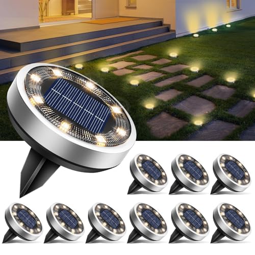 btfarm 10 Stück Solar Bodenleuchten Aussen, 8 LED Gartenbeleuchtung Solar Wasserdicht Boden Solarleuchten, Solarlampen für Außen Garten Rasen Auffahrt Gehweg Patio, Warmes Weiß von btfarm
