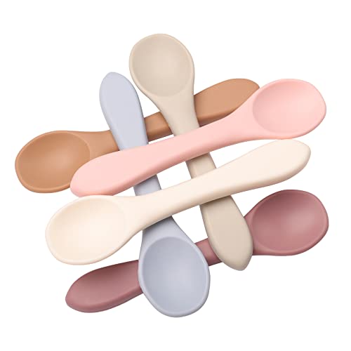 Baby Löffel Fütterung Löffel 6 Pack Silikon Fütterung Ausbildung Löffel für Baby und Kleinkind (blau / rosa / weiß / Natural / Soft Lilac / Hellgrau) von btrfe