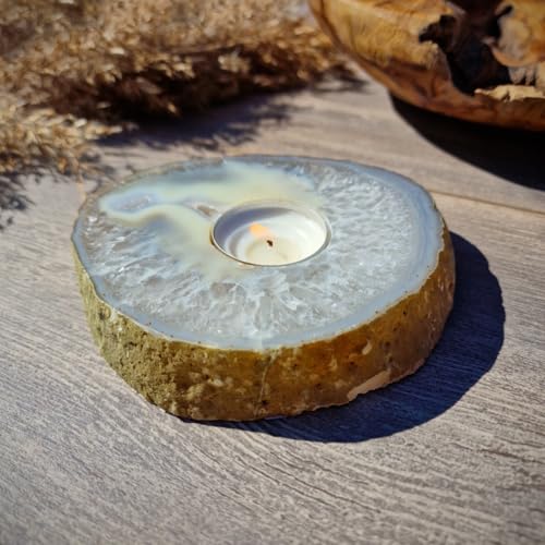 Budawi®Achat Edelstein Teelichthalter – polierte Oberfläche | Naturbelassener Rand | Filz beklebte Standfläche | Dekorativ & Unikat von Budawi