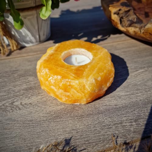 Budawi® Teelichthalter aus Orangencalcit Edelsteinteelicht Teelicht Einzelstück Unikat rund naturbelassen von Budawi
