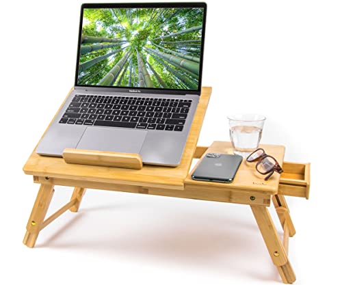Budu Laptoptisch aus Bambus - Notebooktisch - Betttisch - Verstellbarer Laptoptisch Bambusholz - Laptoptisch Höhenverstellbar - Laptopständer - Frühstück im Bett - Esstisch für Bett von budu