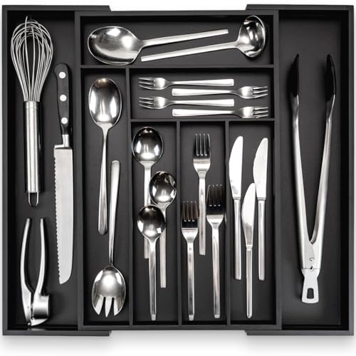 budu Besteckkasten #47 (Tiefe 47cm) aus Bambus - Schwarz - Schubladen Ordnungssystem für die Küche - Ausziehbar - Kitchen drawer organizer von budu