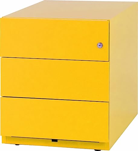 BISLEY Note Rollcontainer mit 3 Schüben aus Metall abschließbar in gelb - Bürocontainer mit Schloss für DIN A4 Dokumente, Kleinteile & Büromaterial, Container für Büro & Homeoffice auf Rollen von bümö