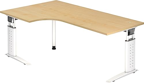 Bümö höhenverstellbarer Eckschreibtisch U-Serie 200x120 cm in Ahorn, Gestell in weiß - Schreibtisch L Form, großer Tisch für's Büro, Computertisch höhenverstellbar von bümö