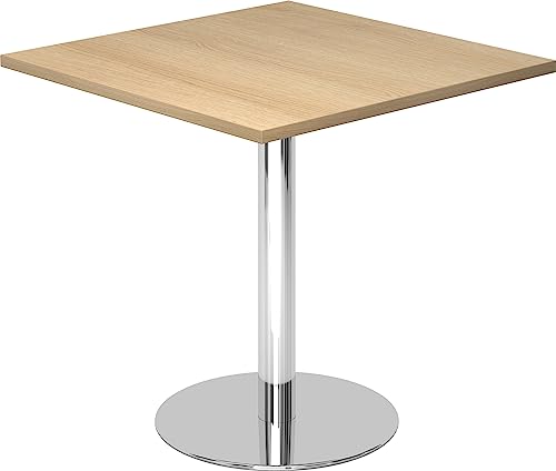 Bümö Besprechungstisch, Esstisch klein, Tisch eckig 80x80 cm - Kleiner Esstisch Eiche, Rundtisch Esstisch 2 Personen mit Holz-Platte, Säule aus Metall verchromt, Konferenztisch, Bistrotisch von bümö