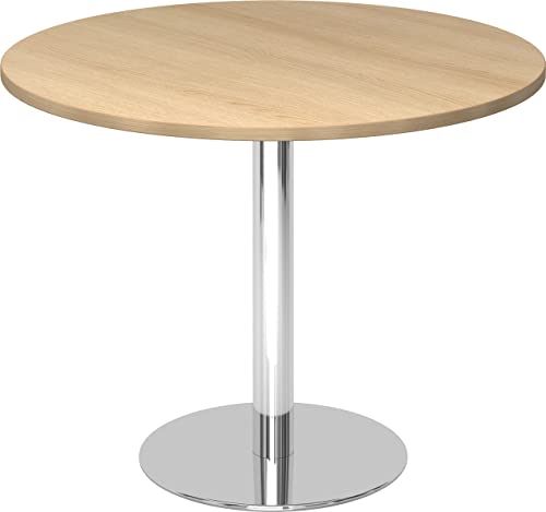 Bümö Besprechungstisch, Esstisch klein, Tisch rund 100 cm - Kleiner Esstisch Eiche, Rundtisch Esstisch 2 Personen mit Holz-Platte, Säule aus Metall verchromt, Konferenztisch, Bistrotisch von bümö