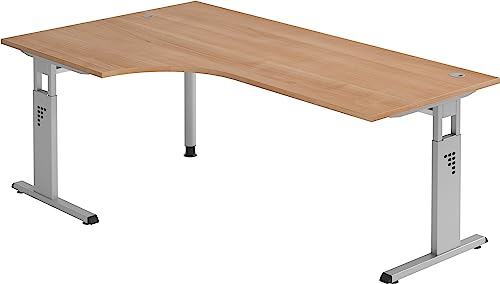 Bümö höhenverstellbarer Eckschreibtisch O-Serie 200x120 cm in Nussbaum, Gestell in Silber - Schreibtisch L Form, großer Tisch für's Büro, Computertisch höhenverstellbar von bümö