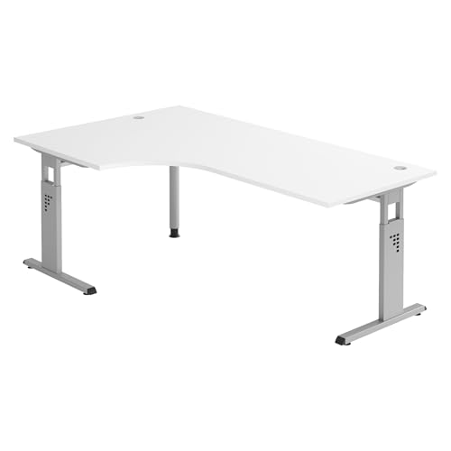 Bümö höhenverstellbarer Eckschreibtisch O-Serie 200x120 cm in weiß, Gestell in Silber - Schreibtisch L Form, großer Tisch für's Büro, Computertisch höhenverstellbar von bümö