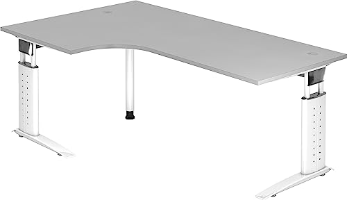 Bümö höhenverstellbarer Eckschreibtisch U-Serie 200x120 grau, Gestell in weiß - Schreibtisch L Form, großer Tisch für's Büro, Computertisch höhenverstellbar von bümö