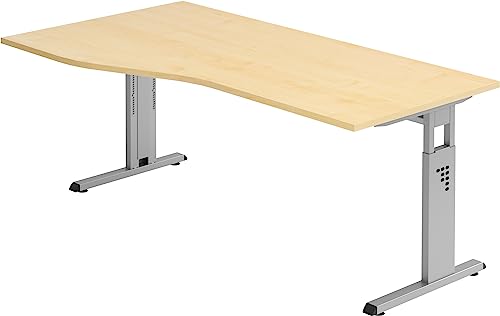 Bümö höhenverstellbarer Schreibtisch O-Serie 180x100 cm in Ahorn, Gestell in Silber - großer PC Tisch für's Büro manuell höhenverstellbar, Computertisch verstellbar von bümö