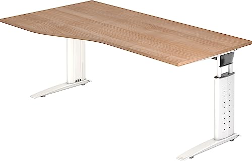 Bümö höhenverstellbarer Schreibtisch U-Serie 180x100 Nussbaum, Gestell in weiß - großer PC Tisch für's Büro manuell höhenverstellbar, Computertisch verstellbar von bümö