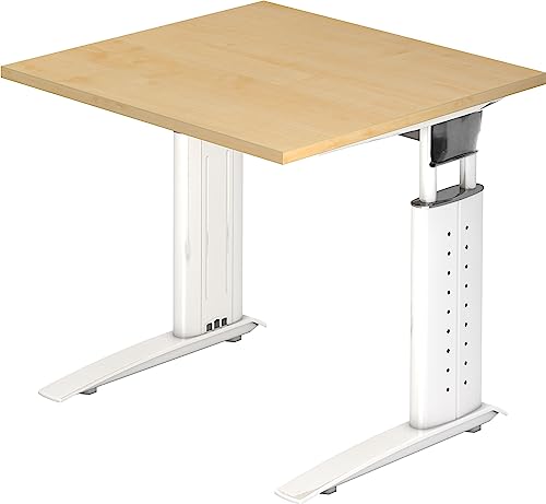 Bümö höhenverstellbarer Schreibtisch U-Serie 80x80 cm in Ahorn, Gestell in weiß - PC Tisch klein für's Büro manuell höhenverstellbar, Computertisch verstellbar von bümö