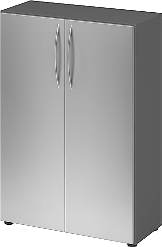 bümö Mehrzweckschrank 80cm breit, Aktenschrank o. Schuhschrank klein, Schrank mit Regal, Kommode in Graphit/Silber aus Holz, Vorratsschrank & Haushaltsschrank mit Metallgriffen von bümö