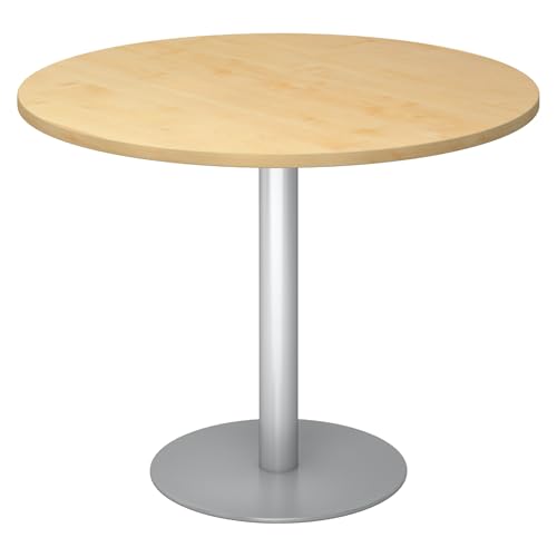 bümö Besprechungstisch, Esstisch klein, Tisch rund 100 cm - Kleiner Esstisch Ahorn, Rundtisch Esstisch 2 Personen mit Holz-Platte, Säule aus Metall in Silber, Konferenztisch, Bistrotisch von bümö