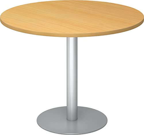 bümö Besprechungstisch, Esstisch klein, Tisch rund 100 cm - Kleiner Esstisch Buche, Rundtisch Esstisch 2 Personen mit Holz-Platte, Säule aus Metall in Silber, Konferenztisch, Bistrotisch von bümö