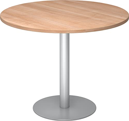 bümö Besprechungstisch, Esstisch klein, Tisch rund 100 cm - Kleiner Esstisch Nussbaum, Rundtisch Esstisch 2 Personen mit Holz-Platte, Säule aus Metall in Silber, Konferenztisch, Bistrotisch von bümö