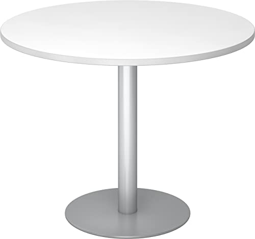bümö Besprechungstisch, Esstisch klein, Tisch rund 100 cm - Kleiner Esstisch weiß, Rundtisch Esstisch 2 Personen mit Holz-Platte, Säule aus Metall in Silber, Konferenztisch, Bistrotisch von bümö