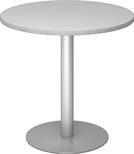 bümö Besprechungstisch, Esstisch klein, Tisch rund 80 cm - Kleiner Esstisch grau, Rundtisch Esstisch 2 Personen mit Holz-Platte, Säule aus Metall in Silber, Konferenztisch, Bistrotisch von bümö