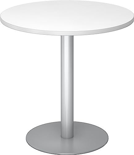 bümö Besprechungstisch, Esstisch klein, Tisch rund 80 cm - Kleiner Esstisch weiß, Rundtisch Esstisch 2 Personen mit Holz-Platte, Säule aus Metall in Silber, Konferenztisch, Bistrotisch von bümö