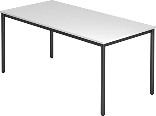 bümö Multifunktionstisch weiß, Tisch 160 x 80 cm, Tischfuß rund in schwarz - einfacher Tisch, Besprechungstisch System D-Serie, Konferenztisch, Meetingtisch, Mehrzwecktisch, Pausentisch von bümö