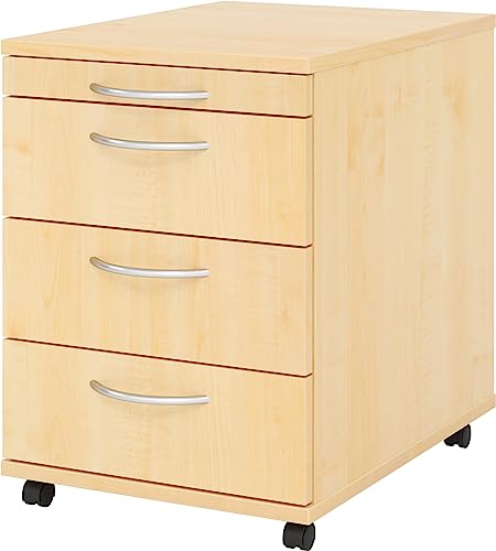bümö Basic Rollcontainer mit Schubladen, Container aus Holz in Ahorn - Rollwagen für's Büro als Schreibtisch Unterschrank, Bürocontainer od. Schreibtischcontainer mit Bogengriffe von bümö