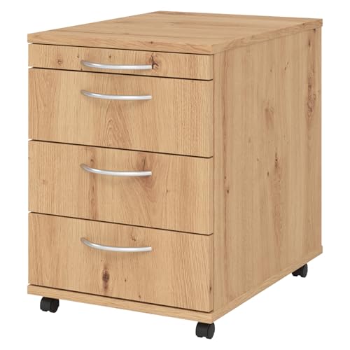 bümö Basic Rollcontainer mit Schubladen, Container aus Holz in Asteiche - Rollwagen für's Büro als Schreibtisch Unterschrank, Bürocontainer od. Schreibtischcontainer mit Bogengriffe von bümö