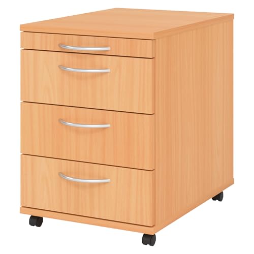 bümö Basic Rollcontainer mit Schubladen, Container aus Holz in Buche - Rollwagen für's Büro als Schreibtisch Unterschrank, Bürocontainer od. Schreibtischcontainer mit Bogengriffe von bümö