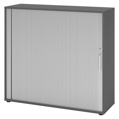 bümö Aktenschrank abschließbar mit Rollladen, Rollladenschrank für Ordner & Co. - Büroschrank mit Rollo, abschließbarer Ordnerschrank aus Holz in Graphit/Silber mit Relinggriff von bümö