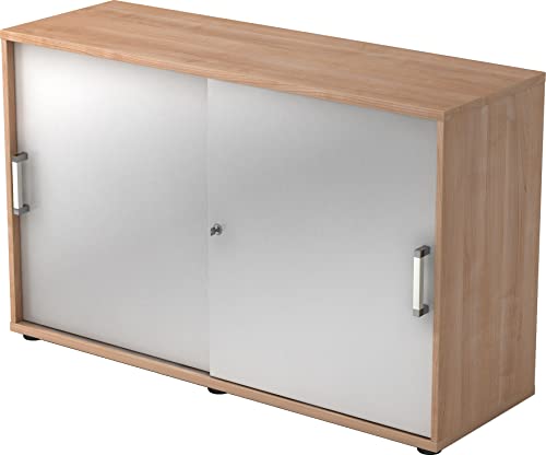 bümö Schiebetürenschrank 2OH - Aktenschrank abschließbar, Sideboard Schrank mit Schiebetüren in Nussbaum/Silber - Büroschrank aus Holz mit Schiebetür, Büro Kommode für Ordner & Co. von bümö